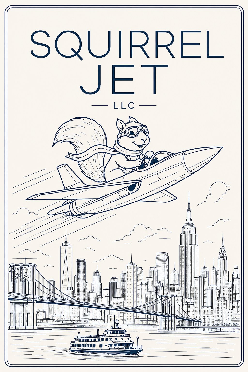SquirrelJet LLC logo with a squirrel flying a jet over a city skyline