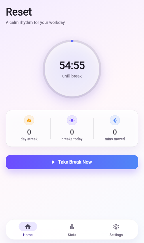 SquirrelJet Reset home screen with a focus countdown and Take Break Now button